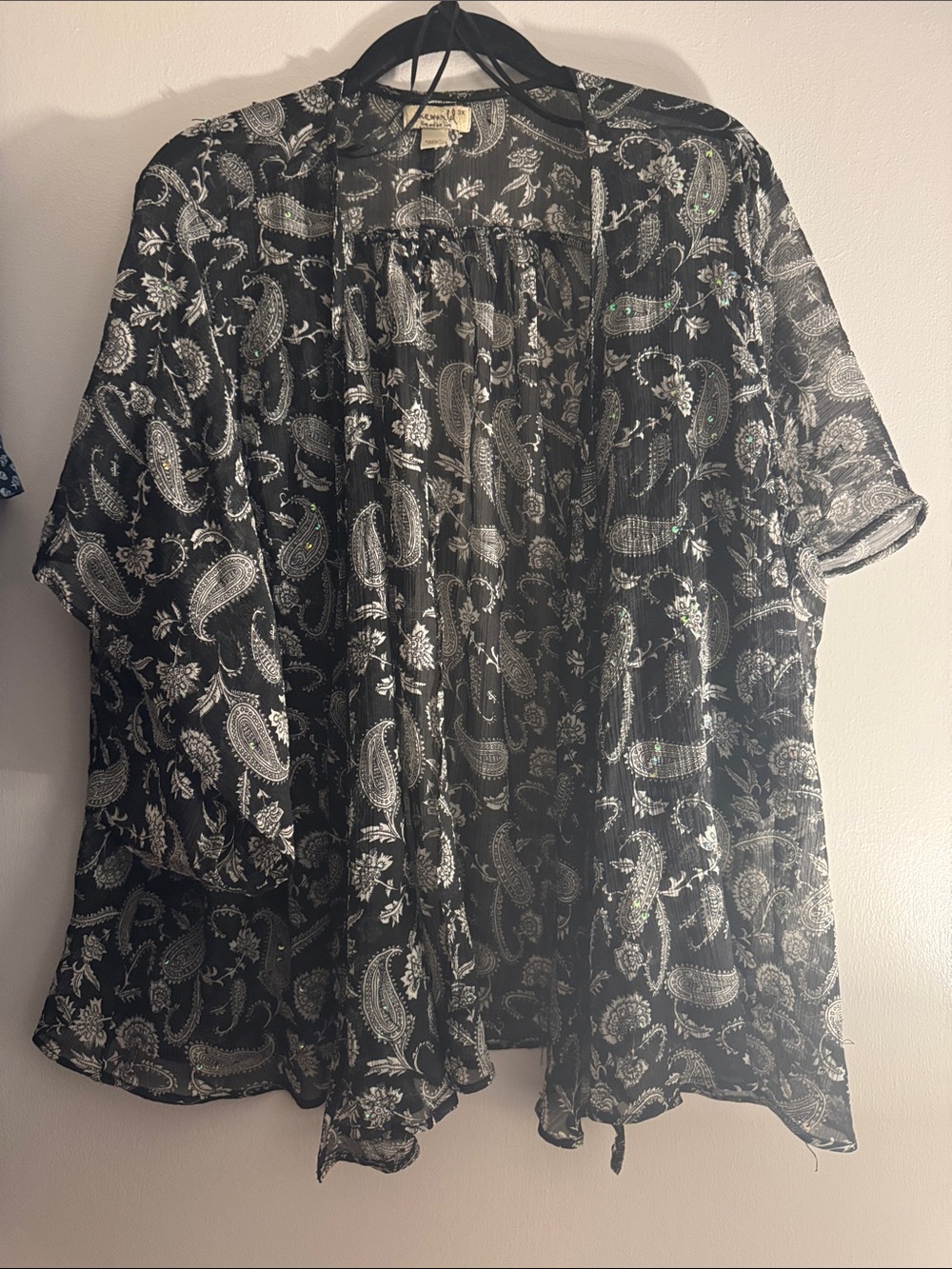 ONE WORLD Black Sheer Paisley Kimono Cardigan Sequins, 3X